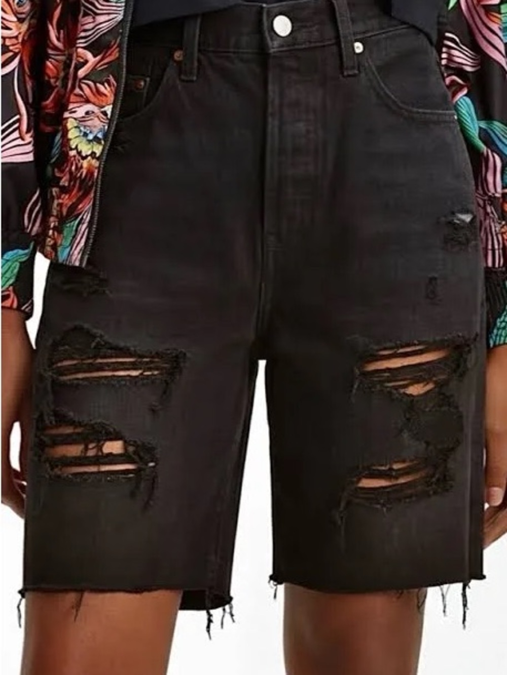 Black Distressed High-Rise Women’s Denim Shorts by Bershka Size 36 (US 4)